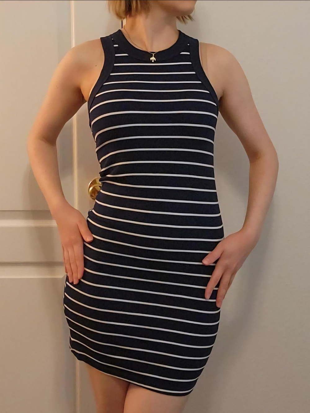 SHEIN Navy and White Form Fitting Striped Ribbed Tank Mini Dress - Size M